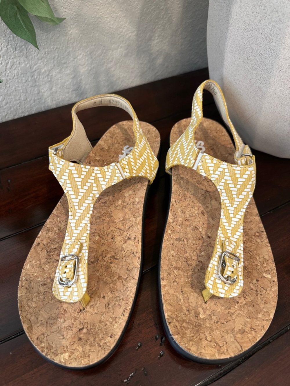 SAS Yellow Patterned Cork Footbed T-Strap Sandals